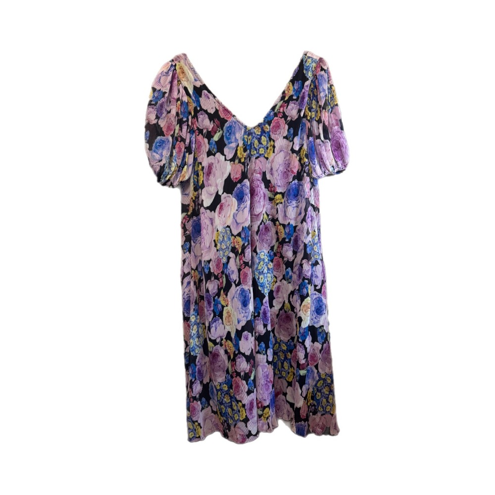 Ganni Floral Plisse Mini Dress Womens 34 Purple Puff Sleeve Excellent F6238